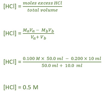calculation of remaining HCl concentration in titration with NaOH
